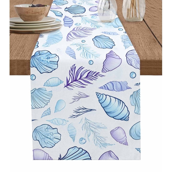 Blue Conch Coastal Table Runner 72 Inches, Shell Nautical Summer Beach Botanical Bed Runner Dresser Scarves Tabletop for Indoor Outdoor Parties/Ceremony/Banquet, 14" x 72"