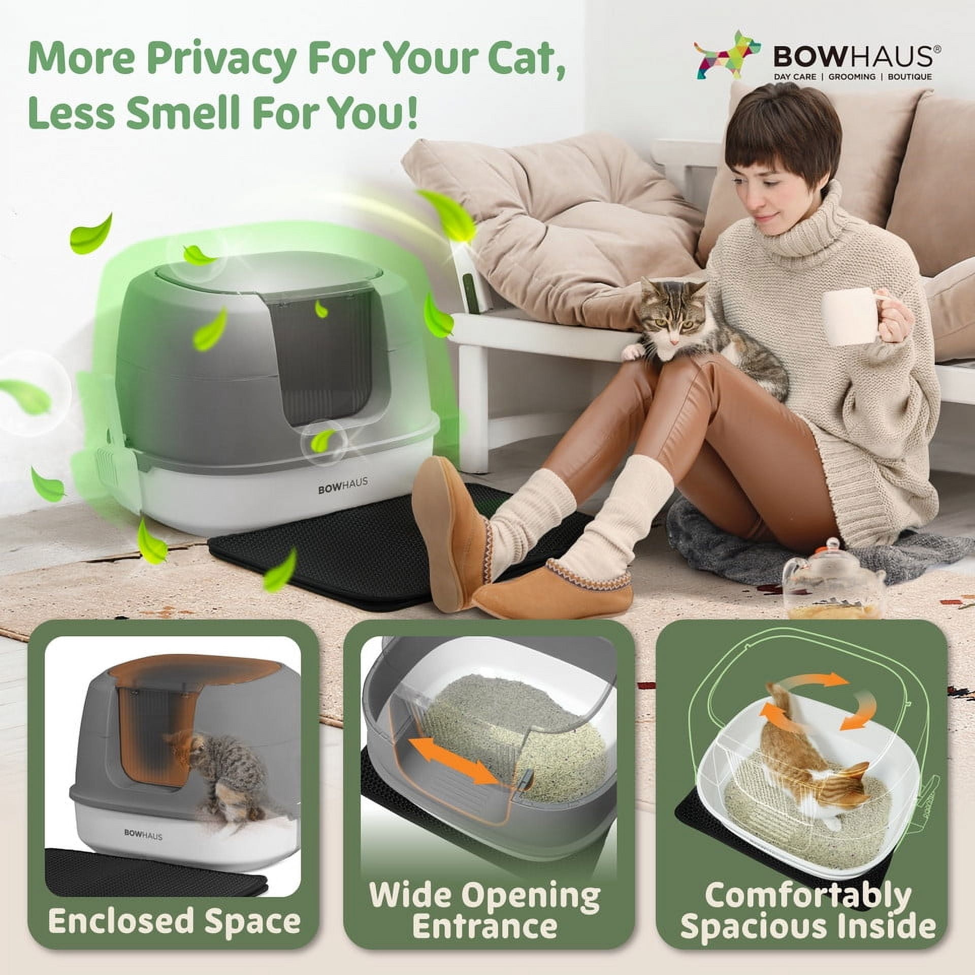 CAPHAUS 3-in-1 Detachable Cat Litter Box w/ Lid, Large Anti-Leakage Cat Toilet with Scoop, Cat Mat & Odor Fitter, Plastic Cat Box for All Sizes of Cats, Dark Grey