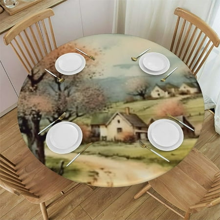 

Large Round Outdoor Tablecloth Field Tree Grass Round Fitted Vinyl Tablecloth with Elastic