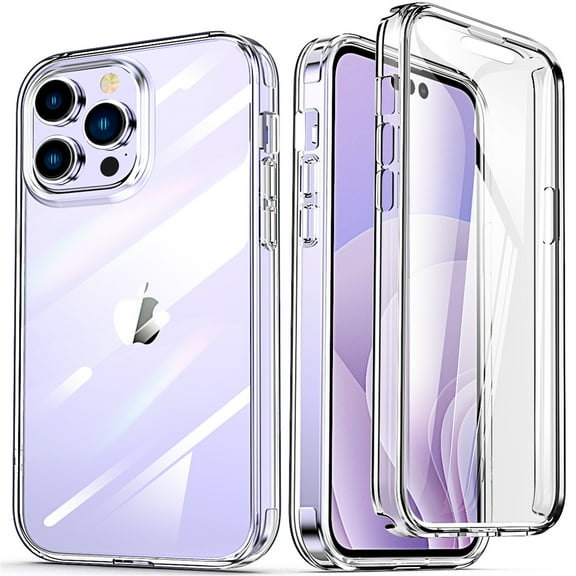 For iPhone 14 Pro Max, Shockproof Transparent Built in Screen Full Body Protector Case ,with Support Wireless Charging,Clear