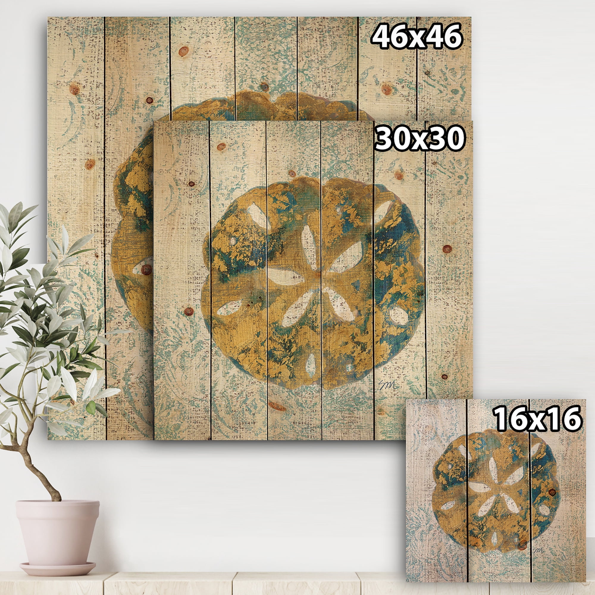 Designart 'Coastal Pastel seashells II' Vintage Nautical Print on Natural Pine Wood