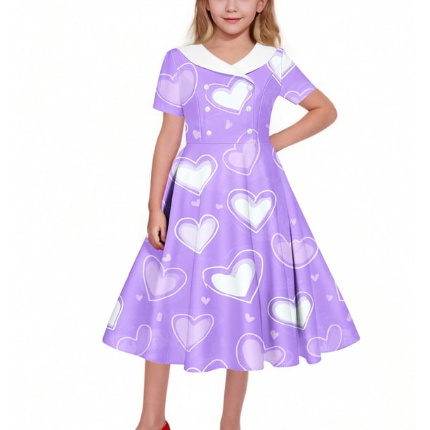 Vestido de manga corta con cuello vuelto para niñas Vestido elástico de manga corta para niñas Vestido skater con volantes de corte A Vestido de recital escolar Vestido de manga corta con cuello vuelt