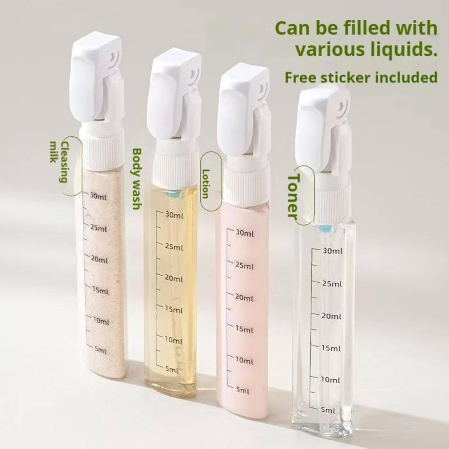 4 in 1 Refillable Travel Dispenser Bottles, Portable Travel Toiletries Bottle Set, Travel Bottles, With Light-Shielding Design, Push-Down Dispenser, Leakproof (White)