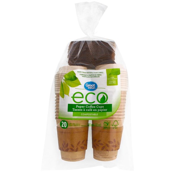 Great Value Eco Paper Coffee Cups, 20 Cups