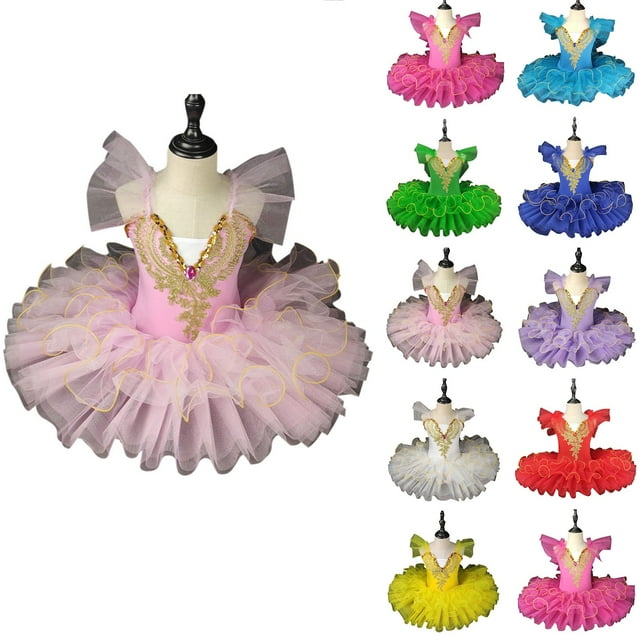 Jinhomg Robe de Performance de Ballet pour Enfants, Justaucorps de Danse Tutu Mignon pour Tout-Petites Filles avec Robe, Fluide et Confortable, Manches à Volants, Costume de Ballerine, Économies d'Été, Jaune 130