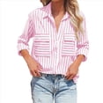thumbnail image 2 of Camisas A Rayas con Botones para Mujer, Blusas Casuales de Larga con Cuello en V y Bolsillos Rosa XL, 2 of 7