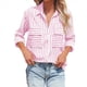 thumbnail image 2 of Camisas A Rayas con Botones para Mujer, Blusas Casuales de Larga con Cuello en V y Bolsillos Rosa L, 2 of 7