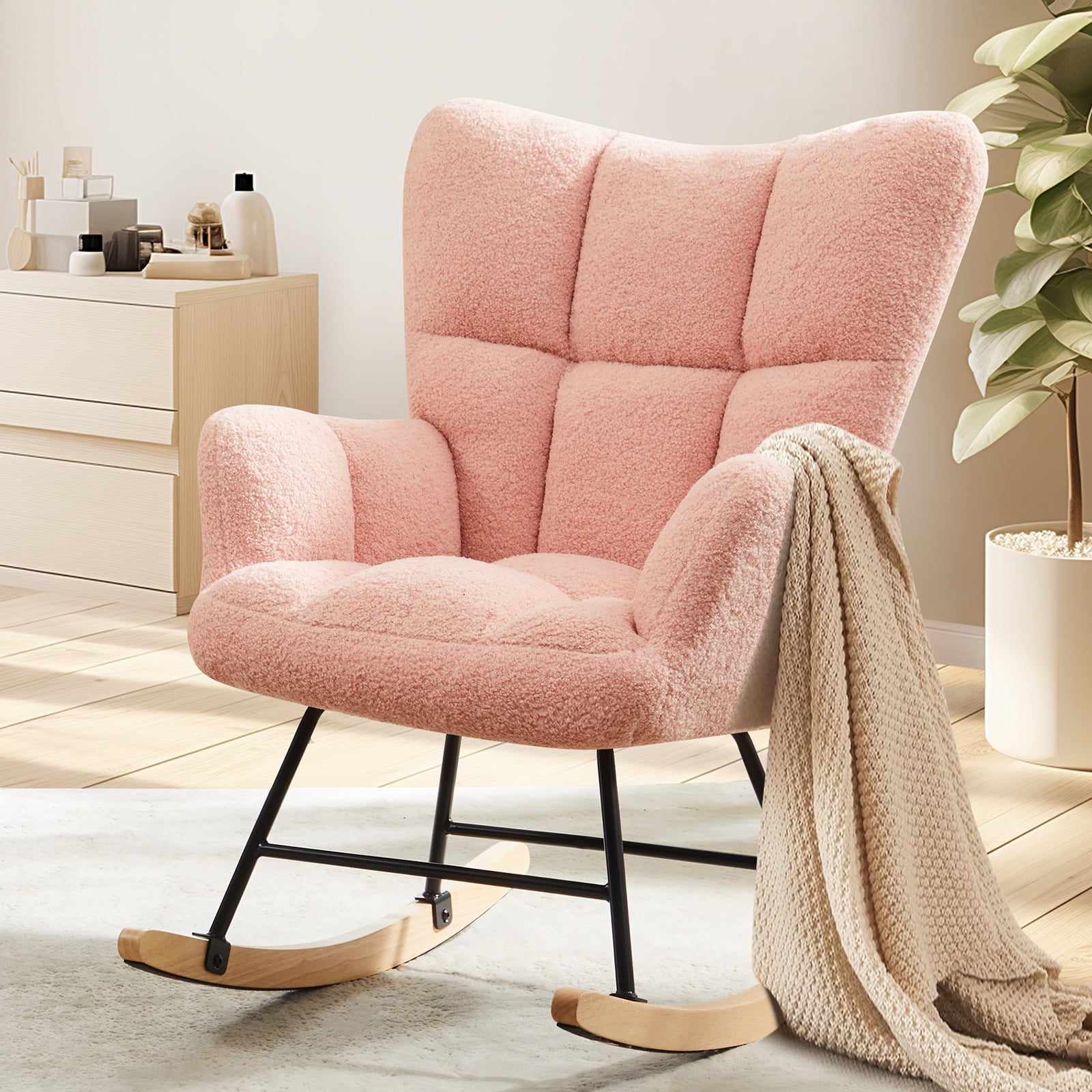 GIANNA Rocking Chair, with Wing Backrest Wide Armrest, Comfortable Nursery Bedroom Furniture, Pink