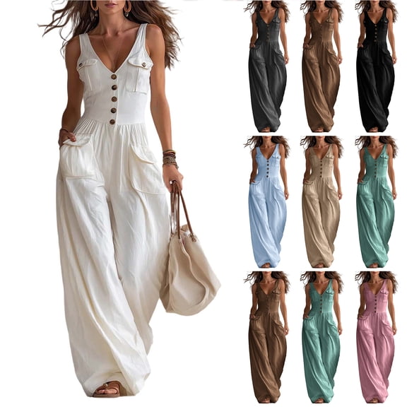 Bloomae Women Button Down Jumpsuits Loose Fit Summer Sleeveless V Neck Dressy Casual Wide Legs Rompers Baggy Overall Pants with Pockets Trendy Vacation Outfits