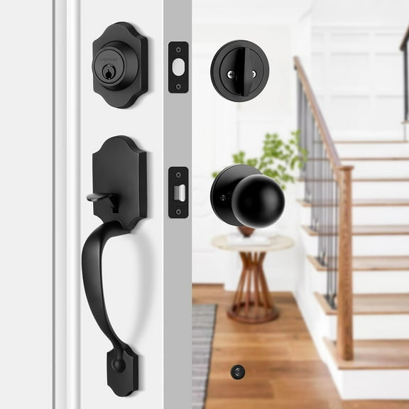 The Heavy Duty Front Door Handle Set Matte Black Entrance Handle Set Classic Front Door Set Single Cylinder Deadbolt and Knob, Half Grip Round Knob Reversible for Right & Left Handed Doors