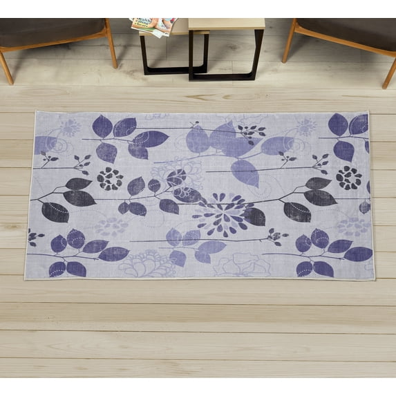 Floral Decorative Rug, Cartoon Style Arrangement of Fresh Spring Foliage with Abstract Dotted Line Stalks, Quality Carpet for Bedroom Dorm and Living Room, 6 Sizes, Ceil Blue, by Ambesonne