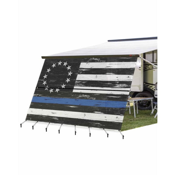 4th of July RV Awning Sun Shade Screen 9'X15.3' Patriotic Stars Stripes Mesh Sunscreen Black White Blue USA Flag Wooden Awning Shade Screen with Zipper Completed Kits for RV Motorhome Camper