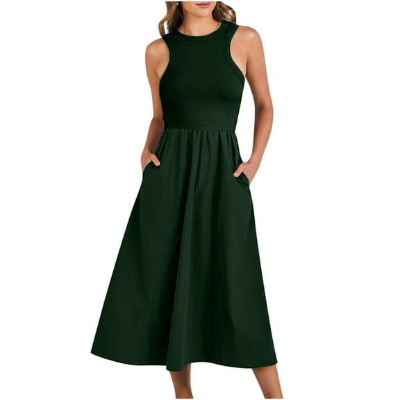 Rvkxad Summer Dresses for Women 2025 Crew Neck Smocked A Line Midi Dress Sleeveless High Waist Flowy Casual Spring Sundress Army Green XXL