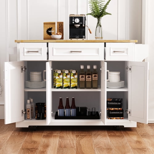 54 Inch Kitchen Island with Drop Leaf, Rolling Kitchen Cart on Wheels with Storage, 4 Doors & 3 Drawers, Farmhouse Style Mobile Island for Kitchen,White