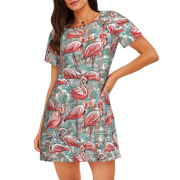Balery Pink Flamingo Camisón de manga corta con cuello redondo para mujer, cómodo y elegante.