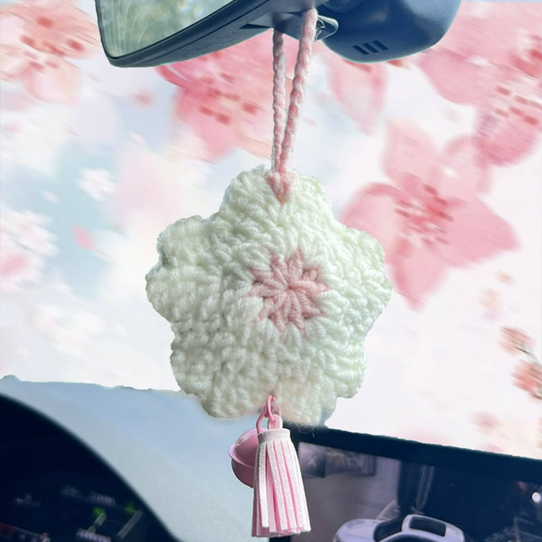Hesroicy Handmade Crochet Flower Car Rear View Mirror Hanging - Car Hanging  Pink White Sakura with Bell Tassels - Cherry Blossom Ornament - Auto  Accessories 