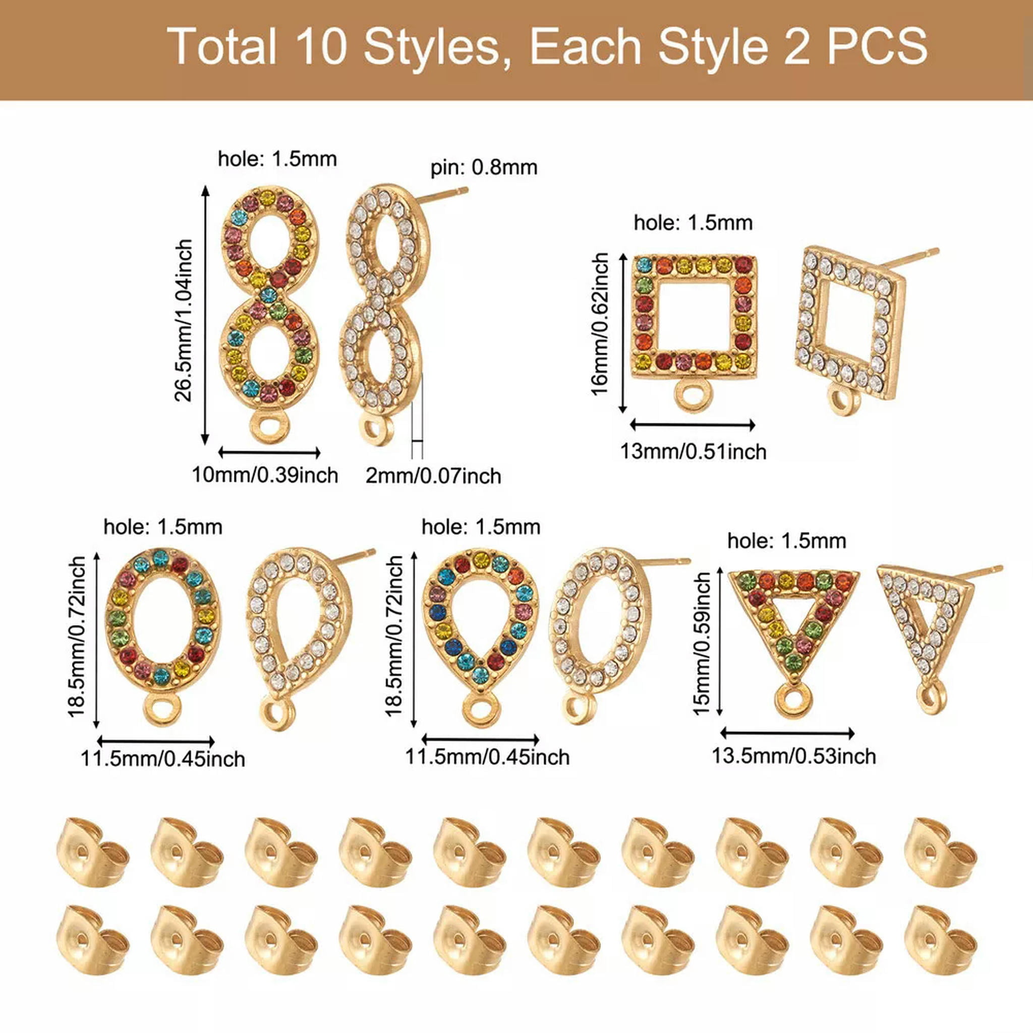 EOEMY 20Pc Geometry 304 Stainless Steel Rhinestone Post Stud Earring With Earring Back