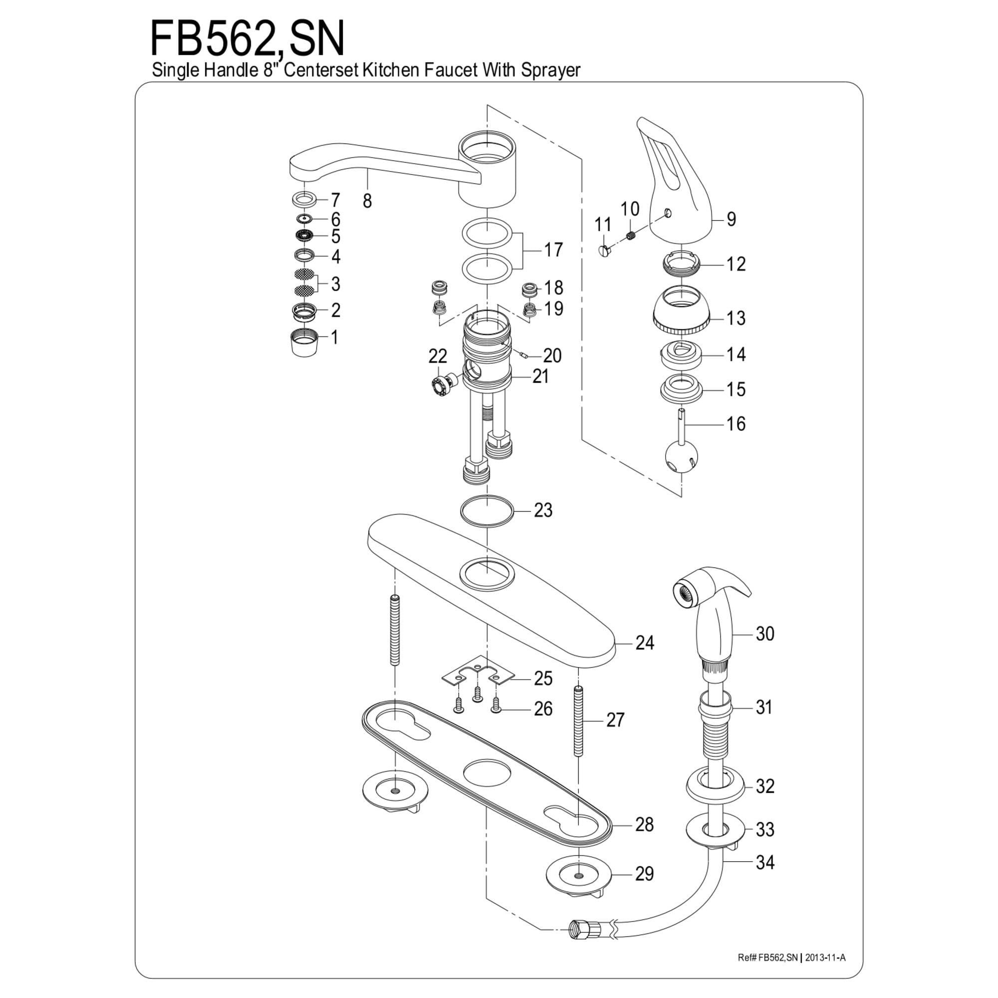 Kingston FB562 Wyndham One-Handle 4-Hole 8" Centerset Kitchen Faucet with Side Sprayer in Polished Chrome