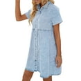 thumbnail image 2 of Genuiskids Women's Summer Denim Dress Short Sleeve Button Down Flowy Tiered Solid Color Lapel Casual Denim Skirt, 2 of 6