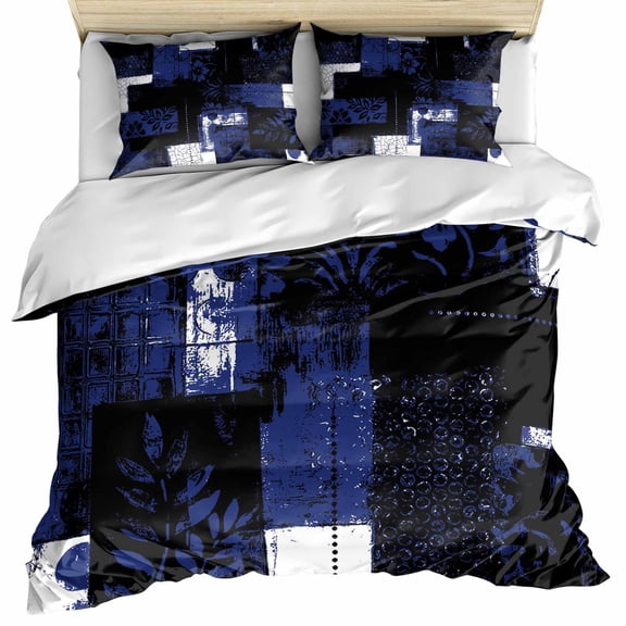 Navy Blue Black Bedding 3 Piece Duvet Cover Set Queen Size, Modern Abstract Art Botanical Soft Microfiber Comforter Cover with Zipper Closure & Pillowcases, Wrinkle & FadeResistant Quilt Cover