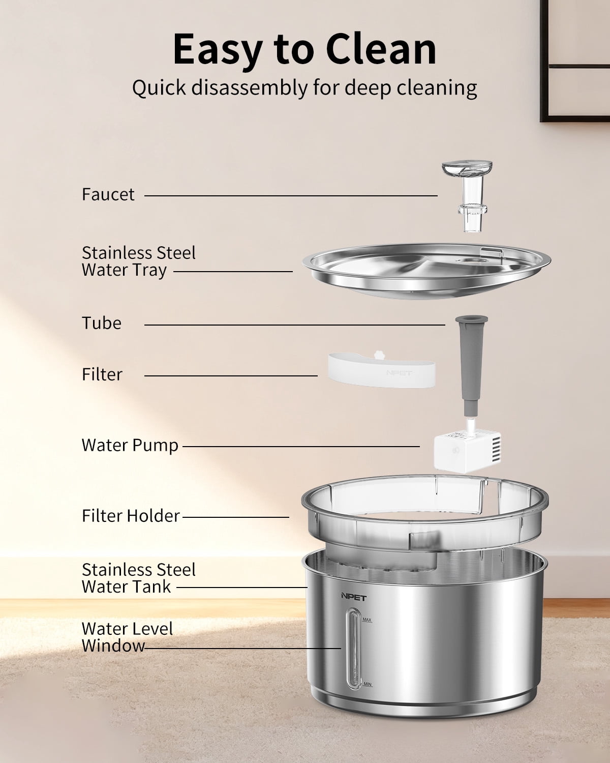 NPET 1 Gallon Stainless Steel Pet Water Fountain Quiet Filtered Cat Drinking Water Dispenser For Cats, Dogs