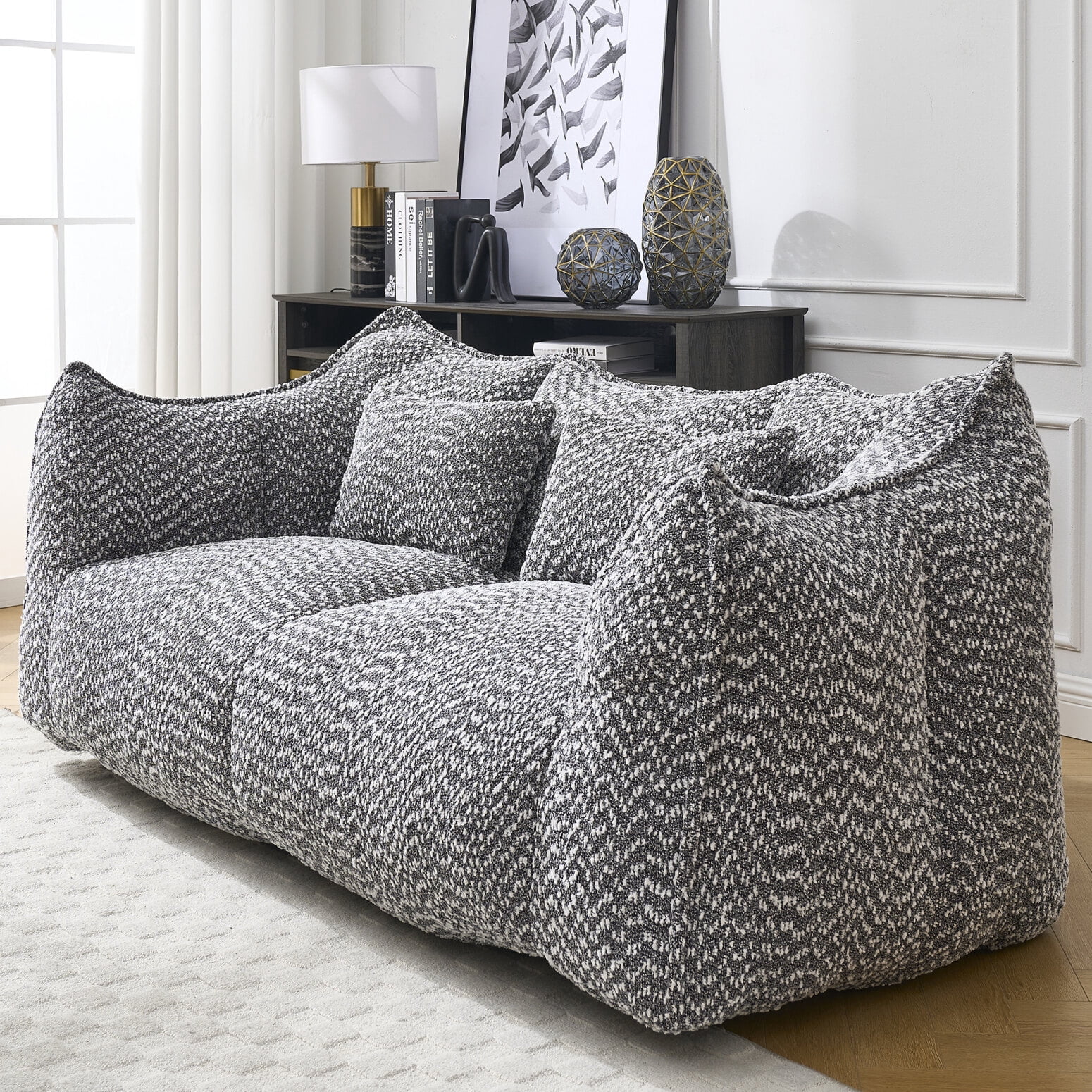 Giant Bean Bag Chair Sofa for Two, Oversized Foam-Filled Floor Loveseat with Chenille Fabric, Grey Recliner for Living Room, Bedroom, Apartment