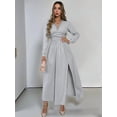 thumbnail image 4 of Women Deep V Neck Long Sleeve Slit Fall Elegant Formal Wedding Guest Evening Date Prom Maxi Long Dress Light Grey S, 4 of 9