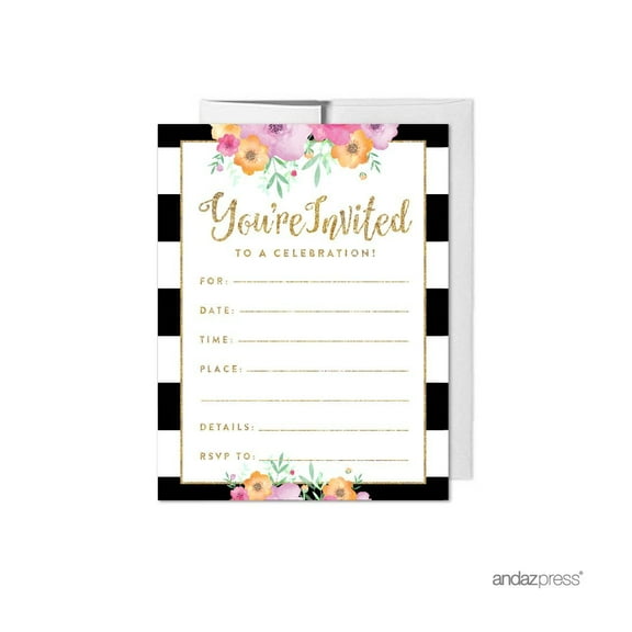 Floral Gold Glitter Wedding Blank Party Invitations with Envelopes, 20-Pack