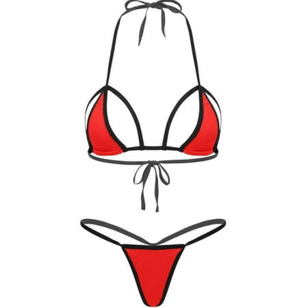 ZQGJB Womens Sheer Extreme Swimsuit Bikini Sexy Halterneck Top and Tie Sides Micro Bikini Thong Sets(C-Red Free Size)