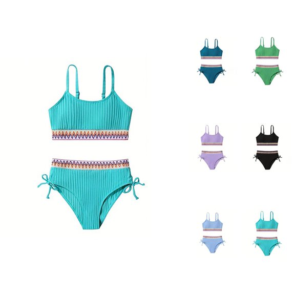 Girls Swimsuits Summer Swimwear For Girls Two Piece High Waist Bikini Set With Chest Pad In Color Block Design For Summer Beach Pool Activities And Daily Wear For 9-16 Years Kids
