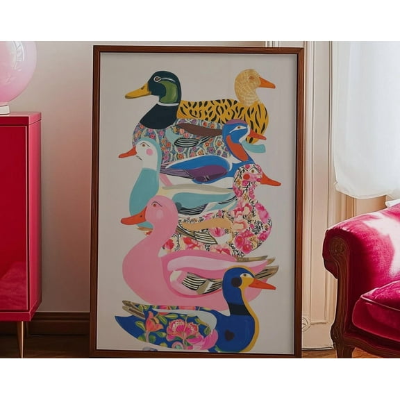 Wall Art, Colorful Duck Print, Whimsical Bird Poster, Modern Animal Wall Decor, Maximalist Duck Art, Fun Bright Patterned Birds ,Decor For Living Room Bedroom, 8x12 UNFRAMED