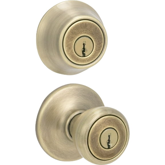 Kwikset Tylo 695 Entry Knob and Double Cylinder Deadbolt Doorknob Steel with Antique Brass