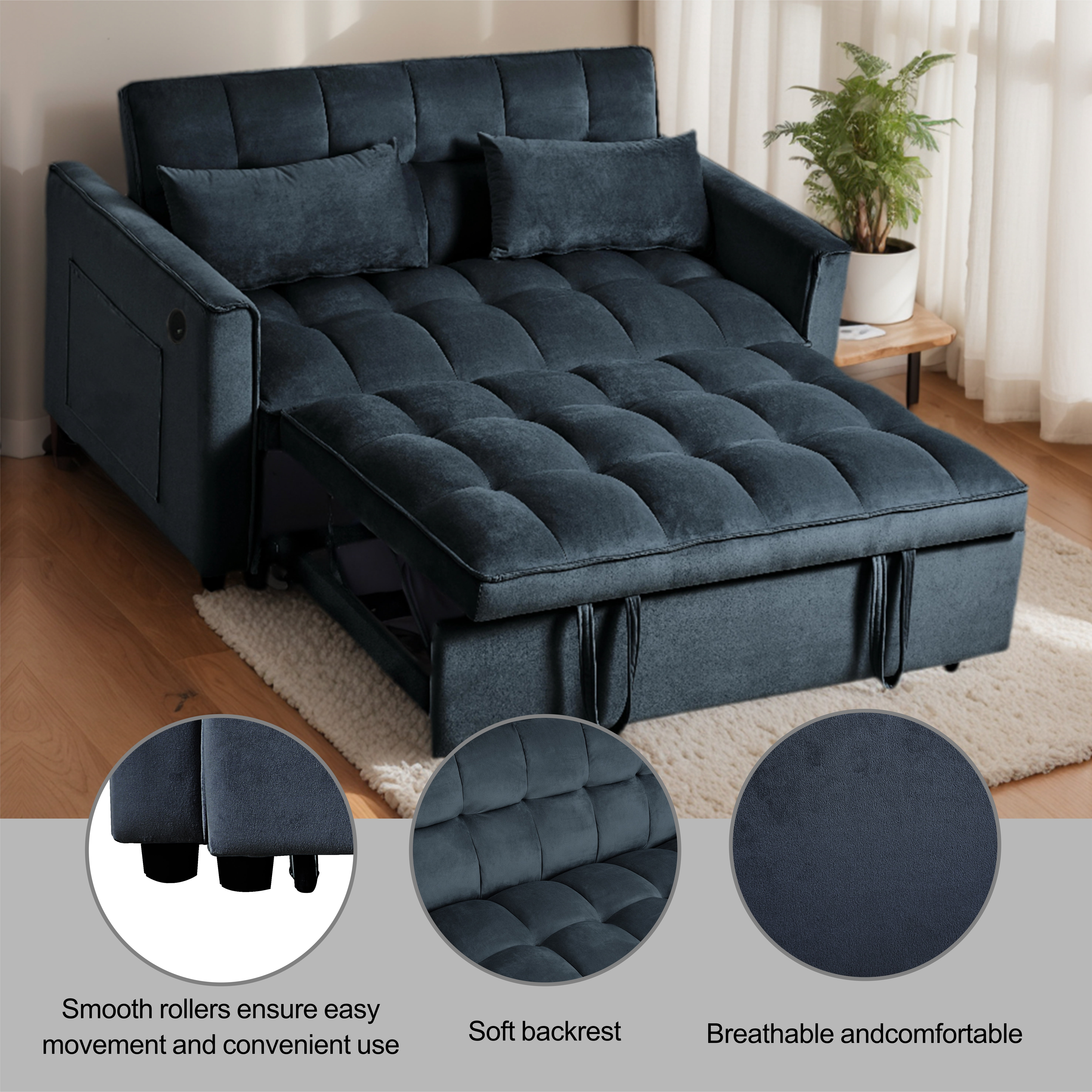 Gewnee 3 in 1 Modern Convertible Sleeper Sofa Bed,Velvet Pull Out Couch with Adjustable Backrest,USB,Side Pockets,Black Loveseat Futon for Living Room,Apartment
