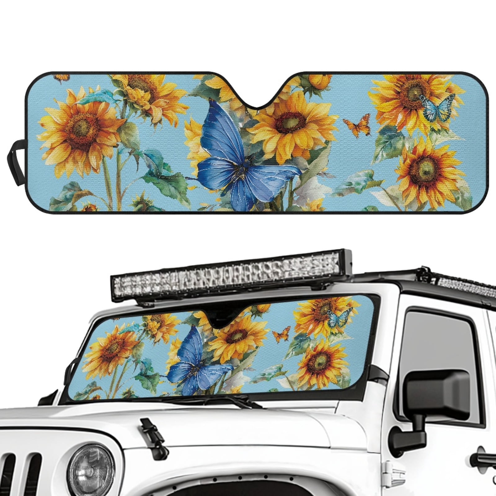 Jeiento Butterfly Sunflower Windshield Sun Shade Compatible with 2007-2024 Wrangler Rubicon Sahara TJ JK JKU 2 & 4 Door Car Sun Shade Sun Visor Protector Keep Your Vehicle Cool
