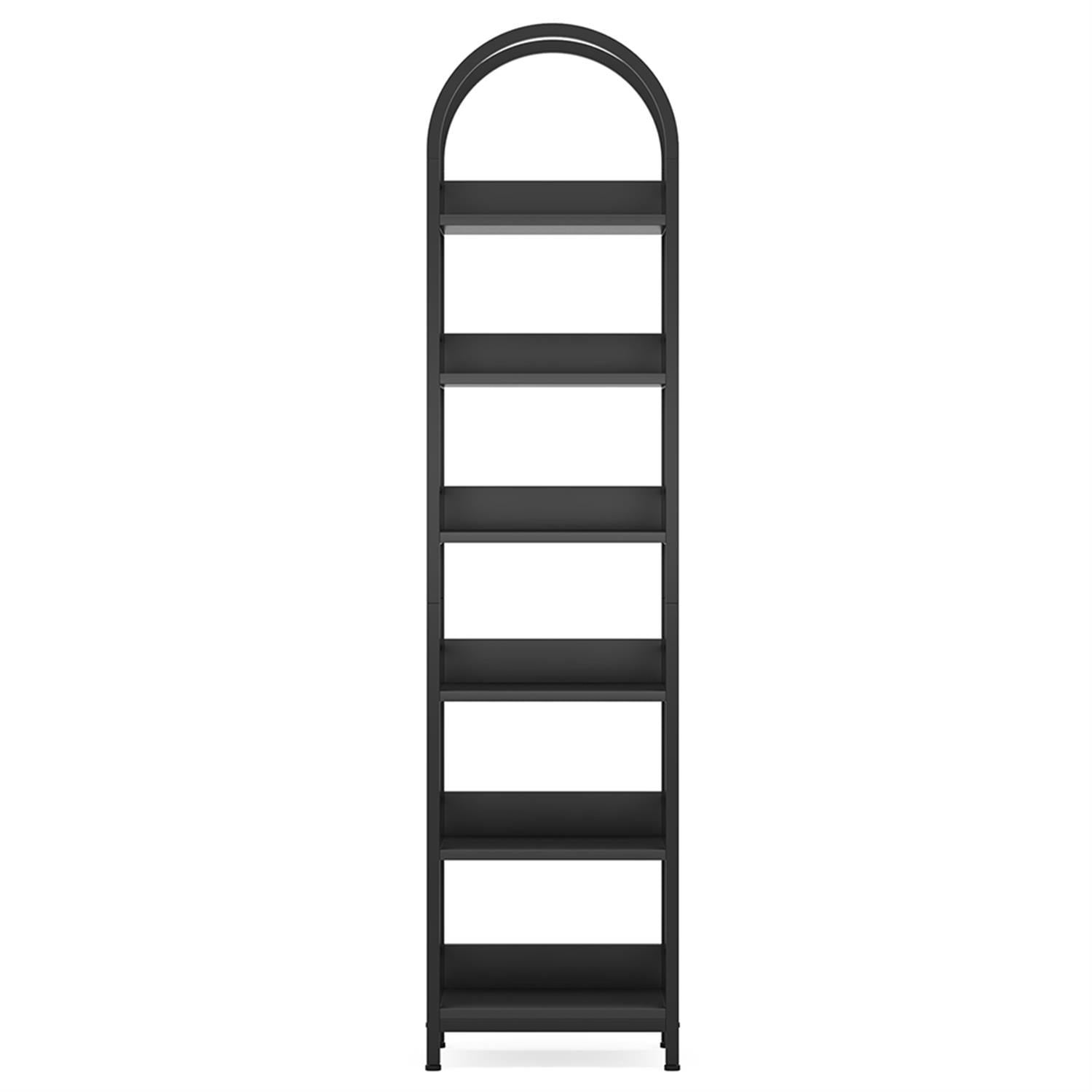 Demi Bonn 6 Tier Narrow Bookshelf, Wood and Metal Bookcase Storage Organizer, Arched Display Standing Shelf Unit for Bedroom, Living Room, Black