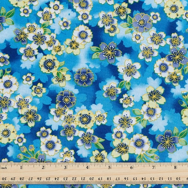 Tela floral azul de 1 yarda x 59 pulgadas con estampado retro de flores para patchwork, costura, acolchado y manualidades.