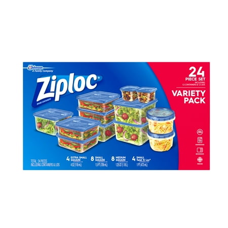 Ziploc Variety Pack Containers and lids: Extra Small Square, Small square, Medium Square, Small Twist N Loc, 24 count