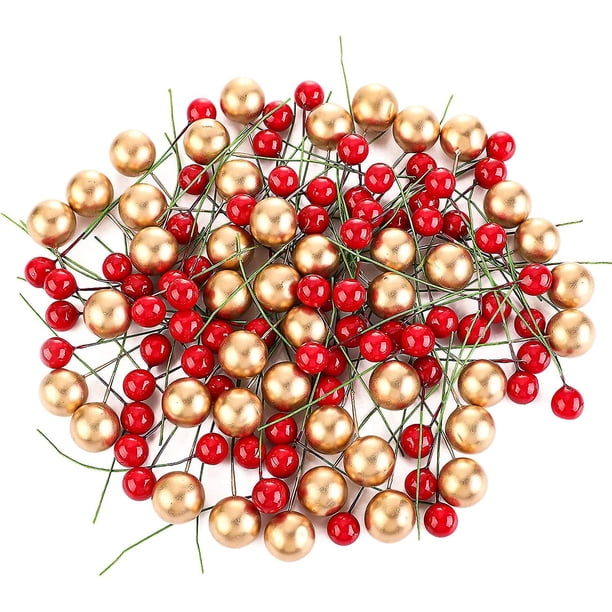 150 piezas de bayas de acebo artificiales de Navidad, bayas de Navidad falsas de oro rojo, ramas de bayas de fruta artificial de invierno de Navidad, bayas de acebo de Navidad D