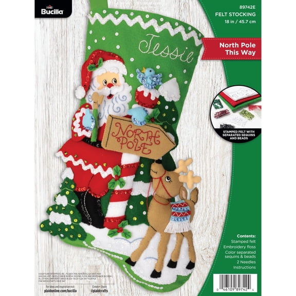 Bucilla Felt Stocking Kit, North Pole This Way, 18 in, Multicolor, Felt