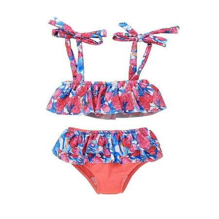 

Esho Toddler Girls Ruffled Swimsuit Kids Floral Two-Piece Bathing Suit Crop Top + Bikini Set 1-6T