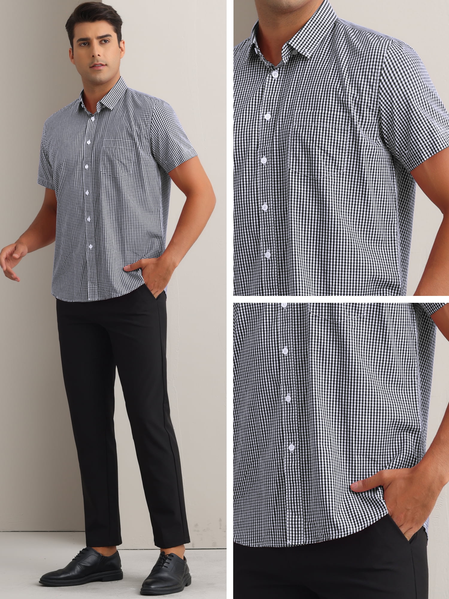 DARING DIVA Men's Gingham Tartan Button Short Sleeve Business Plaid Dress Shirt S Black