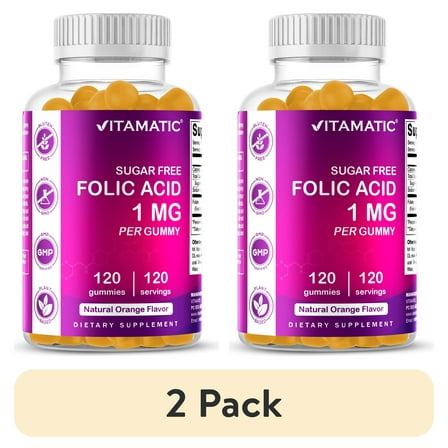 (2 pack) Vitamatic Folic Acid Gummies 1000 mcg (1 mg) - an Essential Prenatal Vitamins for Mom & Baby - Vitamin B9 - 120 Vegan Gummies