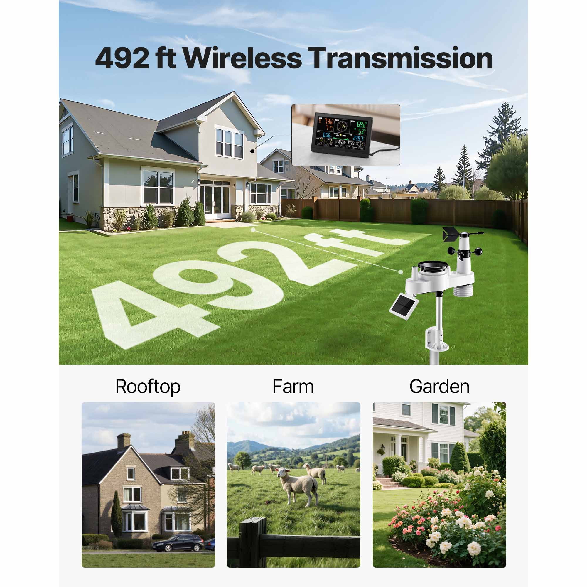 KFFKFF 7 in 1 Wireless Weather Station, with 7.5in VA Screen, Solar Weather Monitor for Rain Gauge, Weather Forecast, Temperature, Humidity, Wind Speed, and Direction (No WiFi)