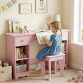 thumbnail image 3 of TLSUNNY Kids Vanity and Stool Set with Lights, Princess Vanity Set, W/ Shelves, Drawer, Mirror, Wooden Pretend Play Makeup Desk for Girls, 3 of 12