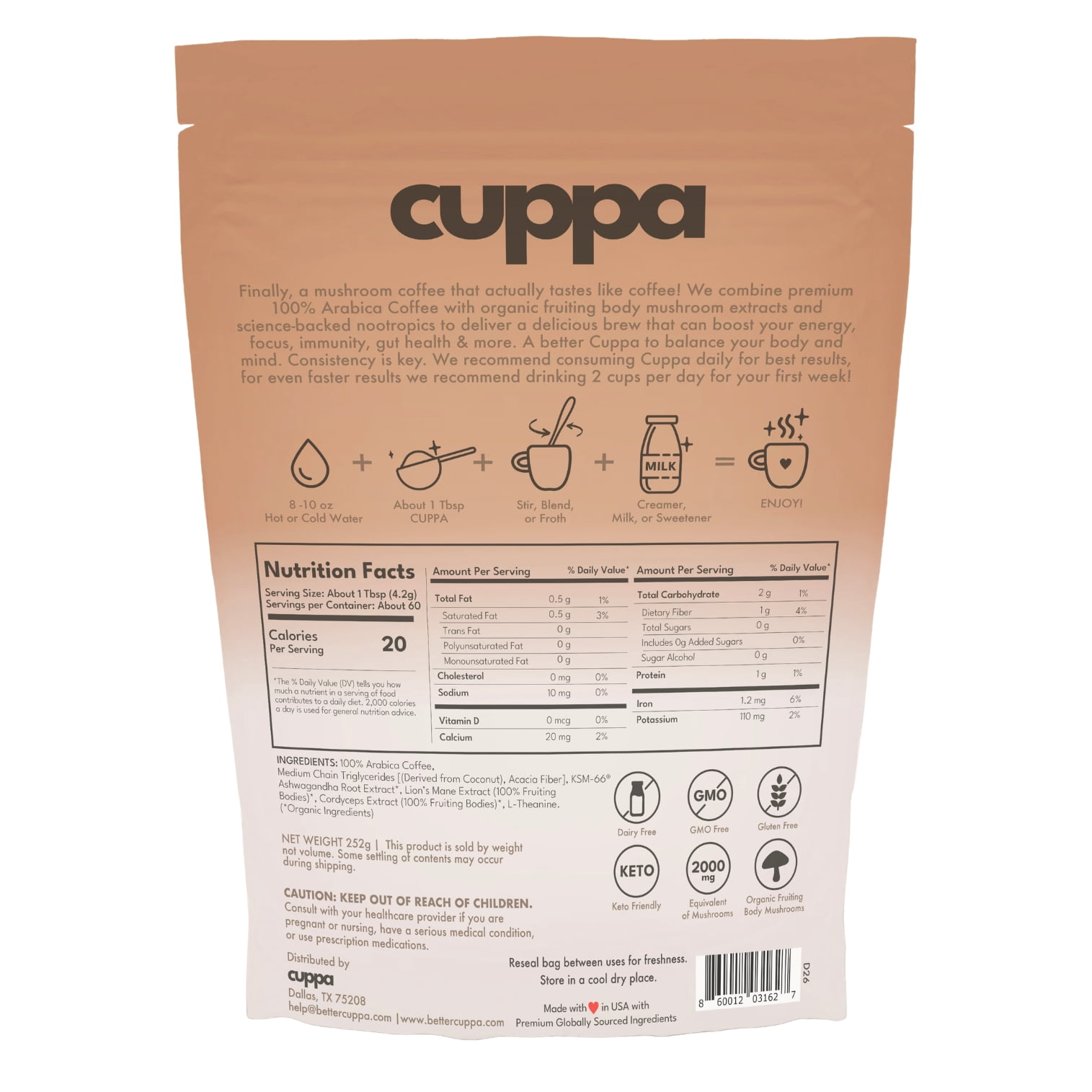 Cuppa Medium Roast Healthy Mushroom Instant Coffee with Lion's Mane & Ashwagandha for All Day Energy & Focus - No Crash or Jitters (60 Serving)