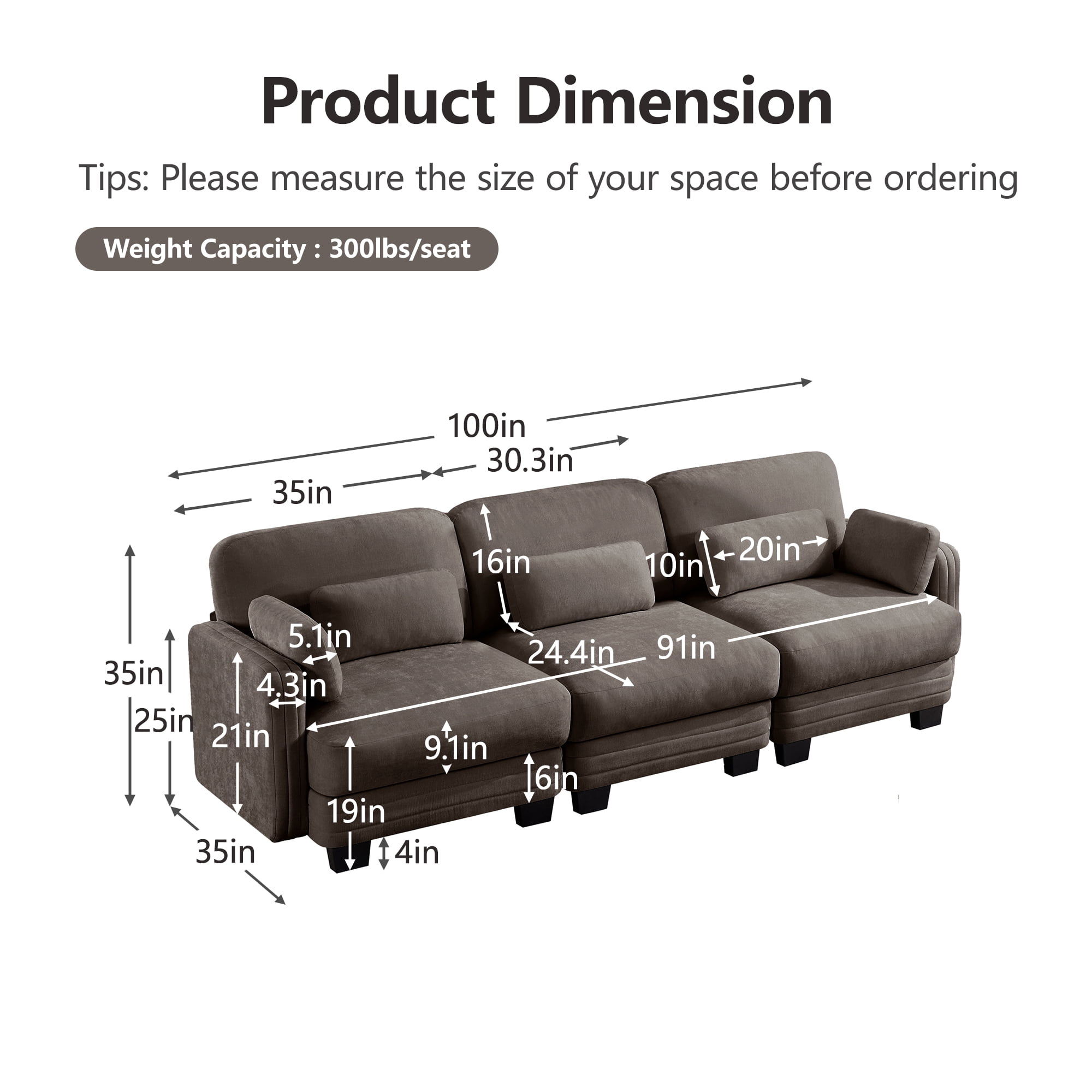100" Modern Modular 3 Seater Sofa Couch with 5 Pillows