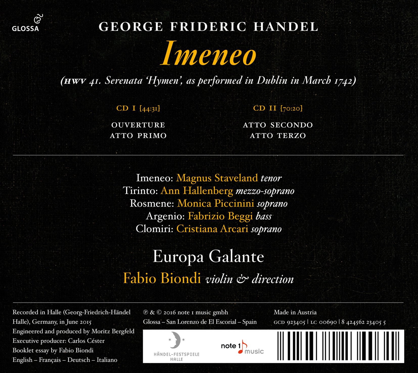 Handel / Staveland / Hallenberg / Piccinini - Handel: Imeneo - Music & Performance - CD