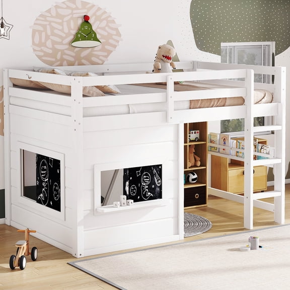 Harper & Bright Designs Twin Size Loft Bed with Chalkboard and Built-in Bookshelf, Wood Loft Bed Frame with Ladder and Guardrails for Boys and Girls, White