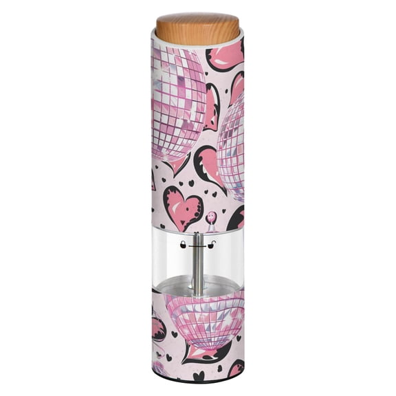 Vintage Leopard Print Pink Disco Ball Pattern Printed Electric Pepper Mill One-Touch Battery Operated Salt Grinder Adjustable Coarseness Decorative Counter Spice Tool