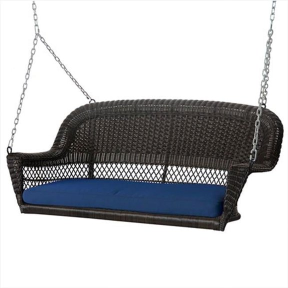 Espresso Wicker Porch Swing With Blue Cushion